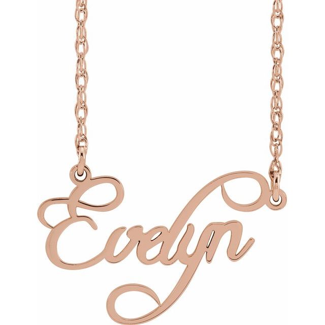 Script nameplate necklace, Solid gold name necklace, rose gold name necklace, sterling silver name necklace.