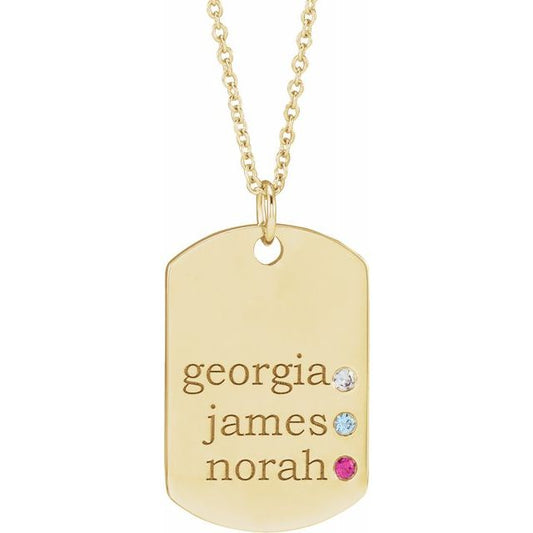 14K Yellow 3-Stone Family Engravable Dog Tag 16-18" Necklace Mounting
