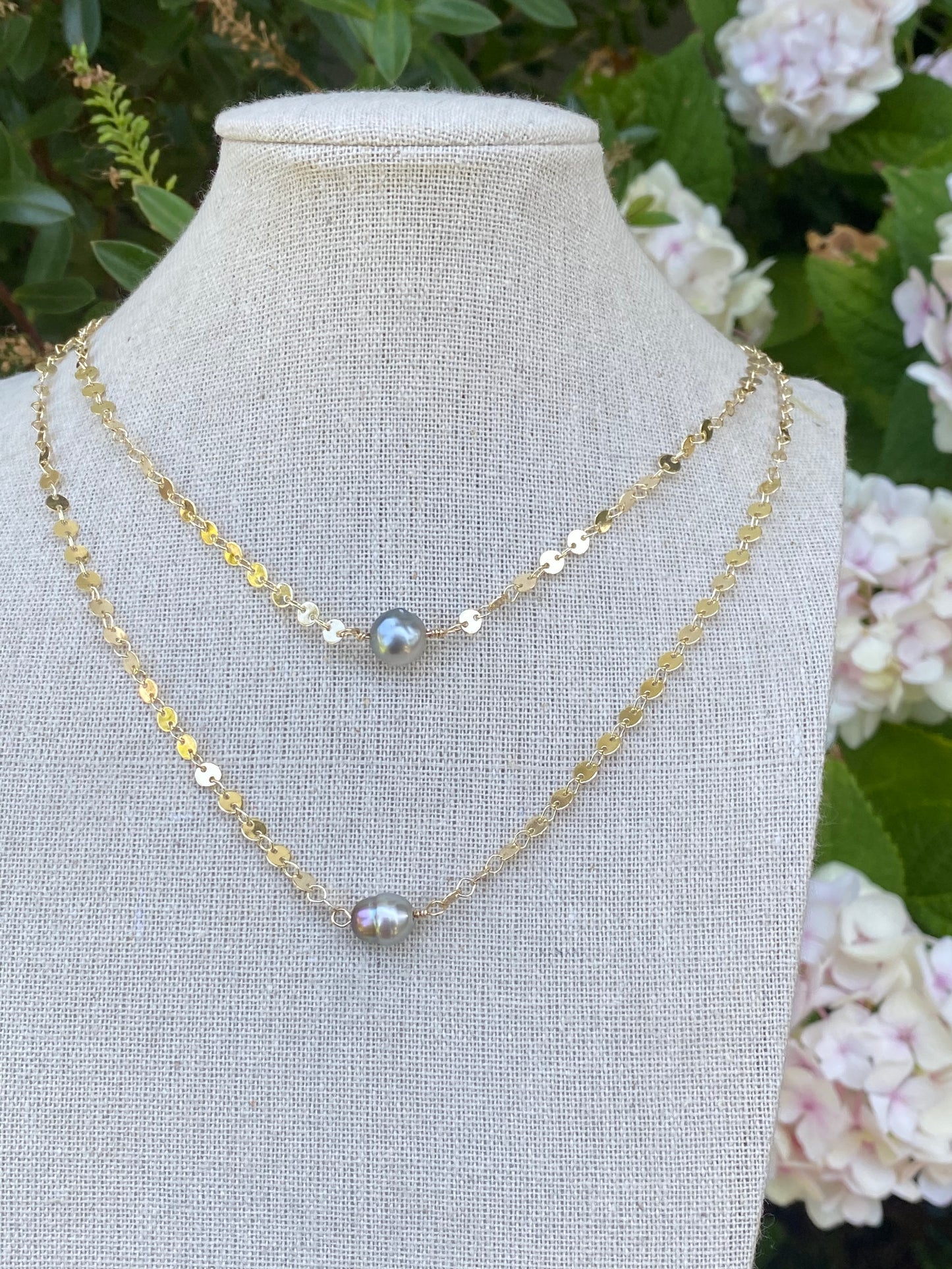 Tahitian pearl on disc chain, tahitian pearl gold filled necklace, silver tahitian pearl