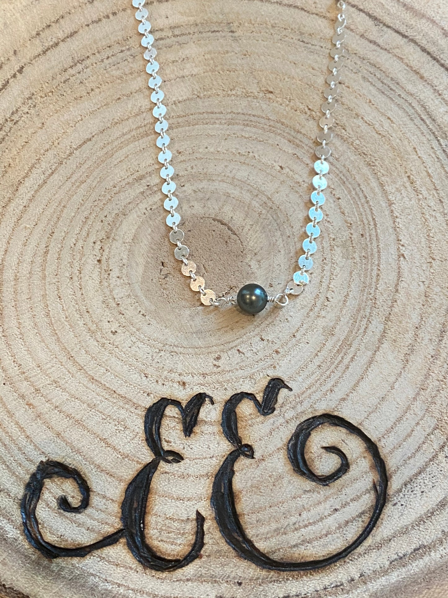 Tahitian pearl on disc chain, tahitian pearl gold filled necklace, silver tahitian pearl
