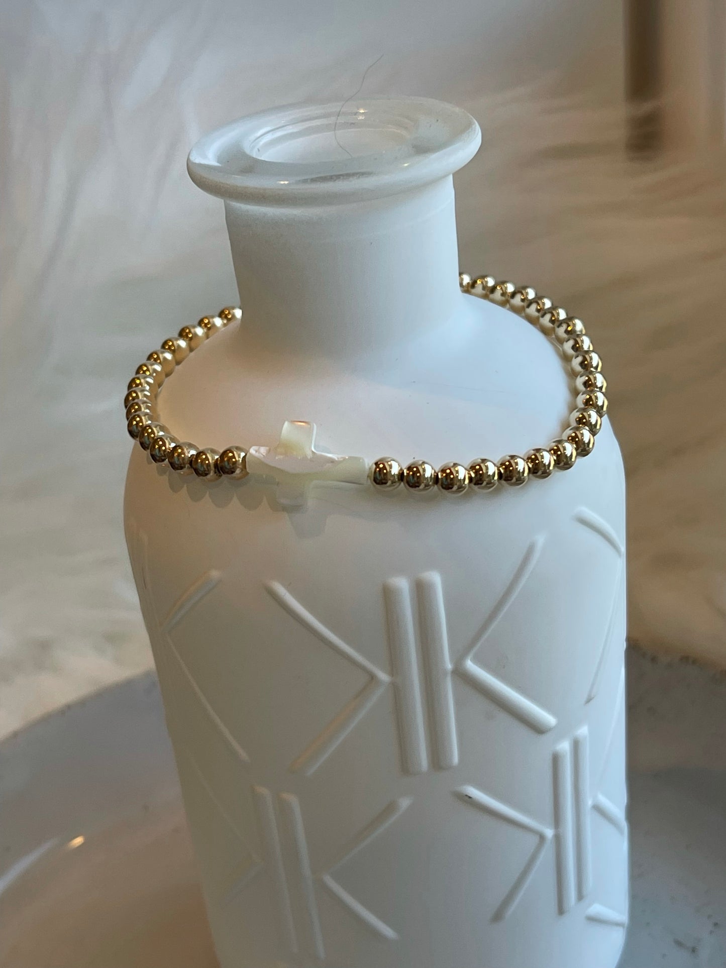 Christian jewelry, gold filled beaded cross bracelet, mother of pearl cross charm, first communion gift,